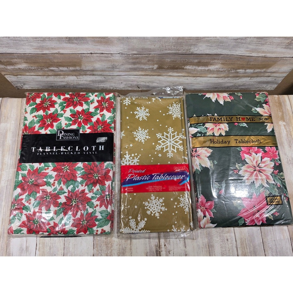 Lot of 3 Christmas Holiday Tablecloths Poinsettia Snowflake Vinyl Plastic Bundle